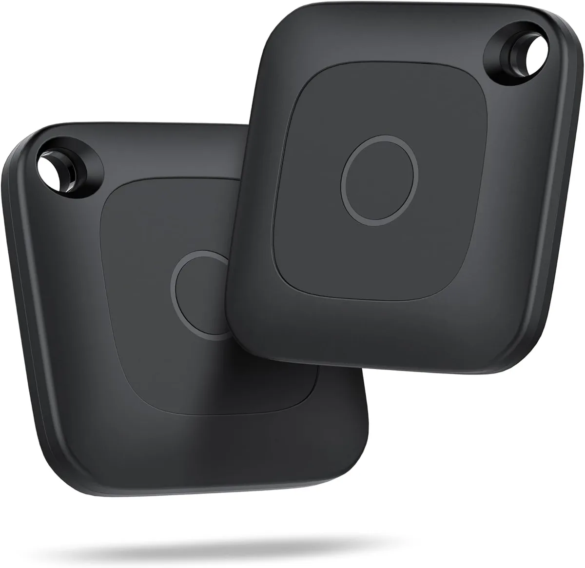 Two Locata Tag trackers for the Apple Find My app, front and back