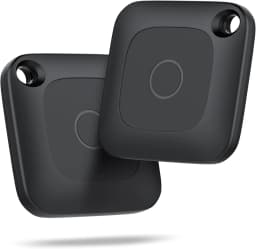 Two Locata Tag trackers for the Apple Find My app, front and back