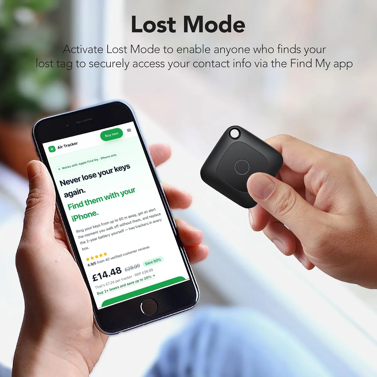 Lost Mode contact card for a Locata Tag clipped to a suitcase handle