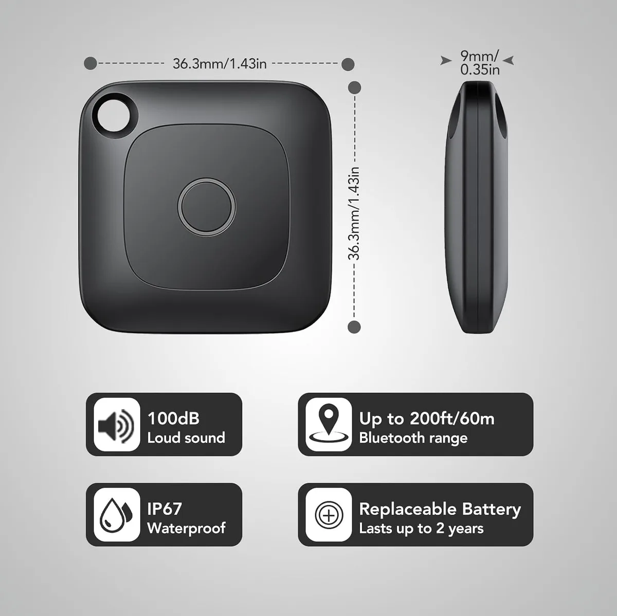 Locata Tag size guide: 36.3 mm square, 9 mm thin, IP67, 100 dB and 60 m range